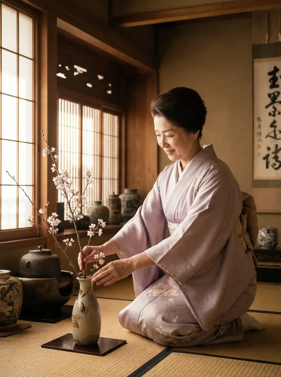 一位优雅的 乐玩LW平台 在和室中插花